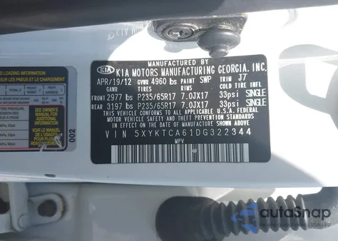 2013 Kia Sorento Lx z USA, uszkodzony, nr VIN 5XYKTCA61DG322344